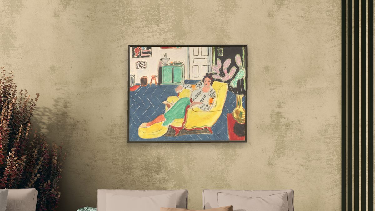 Woman Seated in an Armchair by Henri Matisse, shown at 32 × 40 in (81.3 × 101.6 cm) on canvas in Ramino Satin Black, living