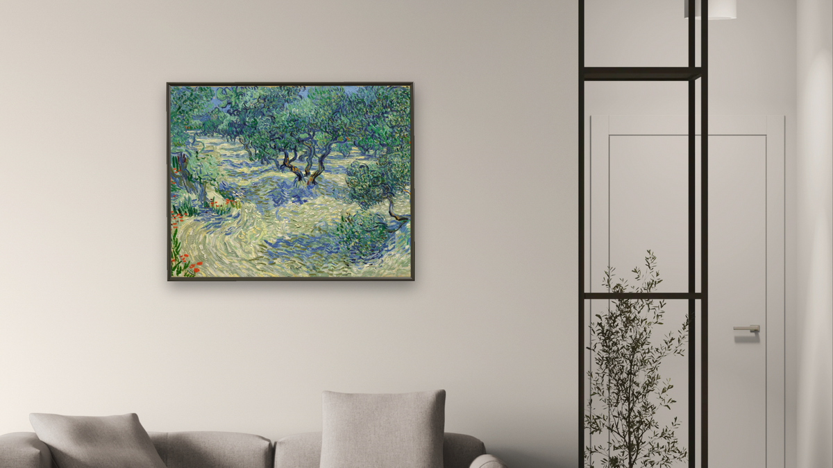 Olive Trees by Vincent van Gogh, shown at 32 × 40 in (81.3 × 101.6 cm) on canvas in Ramino Satin Black, living