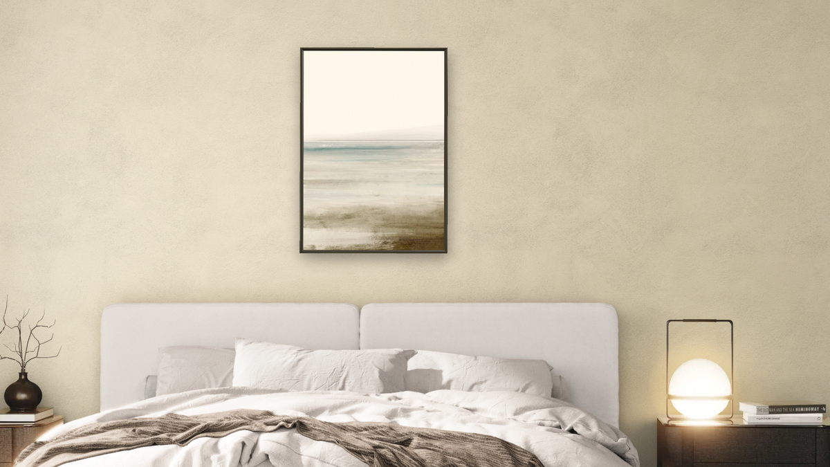 Bay View by Dan Hobday, shown at 28 × 42 in (71.1 × 106.7 cm) on canvas in Ramino Satin Black, bedroom