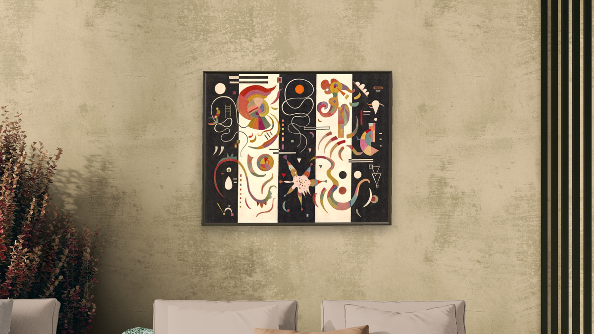 Striped, shown at 32 × 40 in (81.3 × 101.6 cm) on canvas in Ramino Satin Black, living