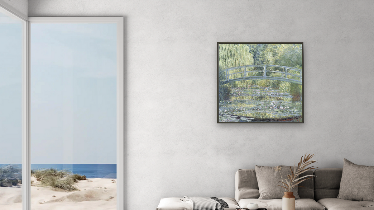Le Bassin aux nympheas: harmonie verte by Claude Monet, shown at 32 × 32 in (81.3 × 81.3 cm) on canvas in Ramino Satin Black, living