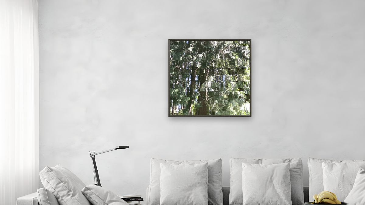 Ziggurat Shrine by Judith Rayl, shown at 32 × 32 in (81.3 × 81.3 cm) on canvas in Ramino Satin Black, living