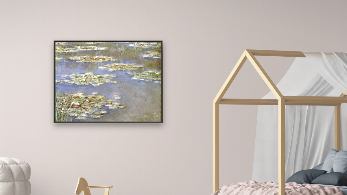 Nympheas by Claude Monet, shown at 32 × 40 in (81.3 × 101.6 cm) on canvas in Ramino Satin Black, bedroom