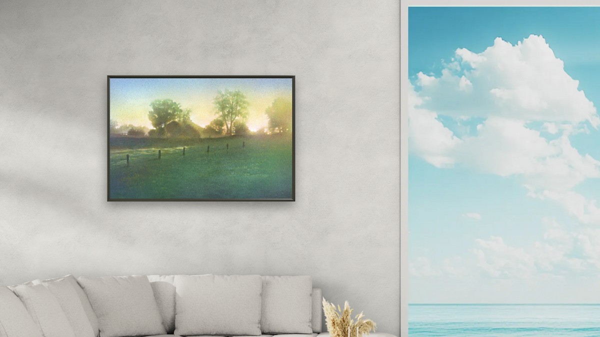 Adirondack Morning by Kirsten Söderlind, shown at 28 × 42 in (71.1 × 106.7 cm) on canvas in Ramino Satin Black, living
