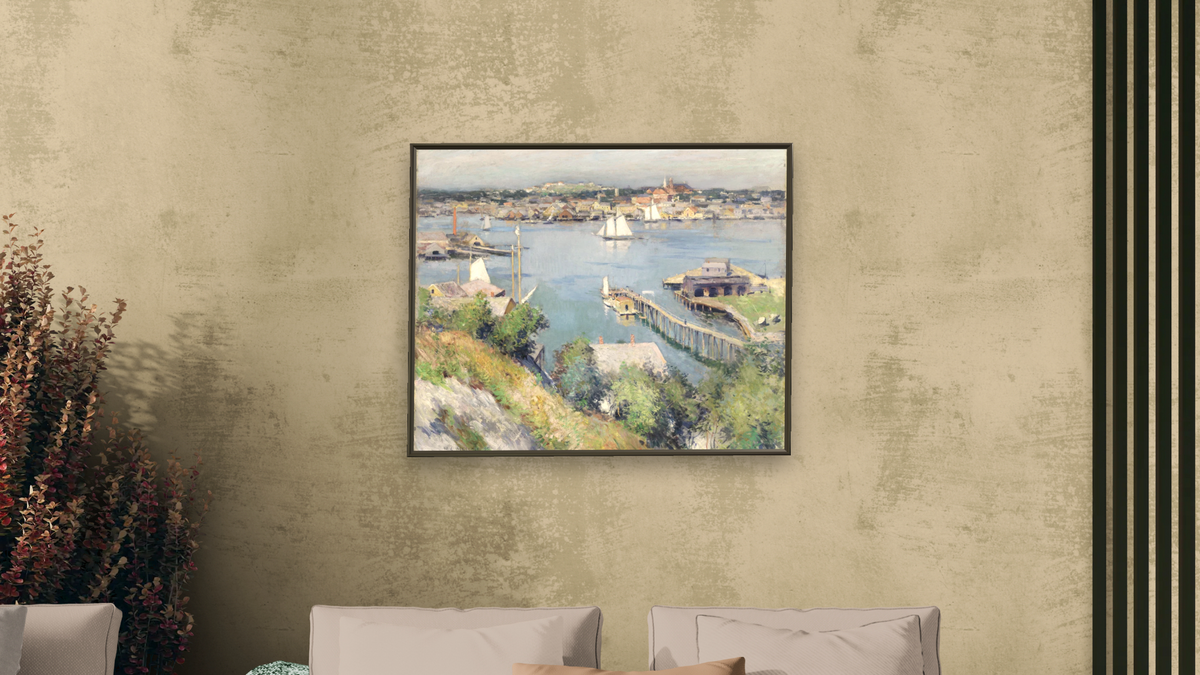 Gloucester Harbor by Willard LeRoy Metcalf, shown at 32 × 40 in (81.3 × 101.6 cm) on canvas in Ramino Satin Black, living
