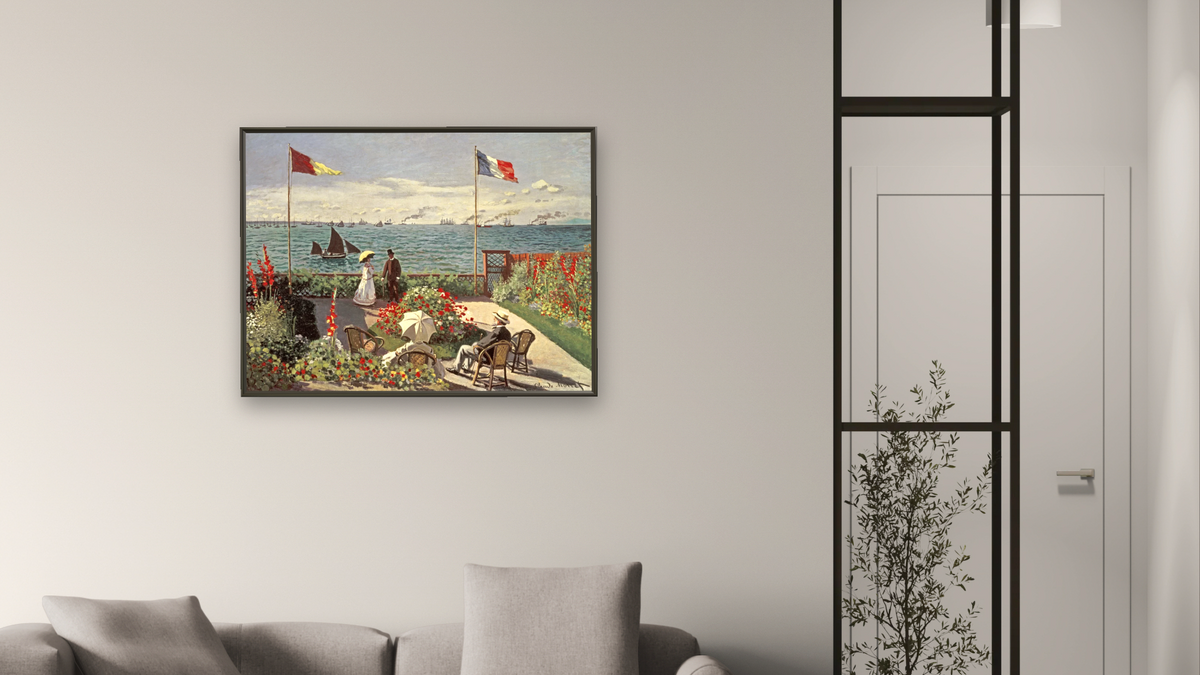 The Terrace at Sainte-Adresse by Claude Monet, shown at 30 × 40 in (76.2 × 101.6 cm) on canvas in Ramino Satin Black, living