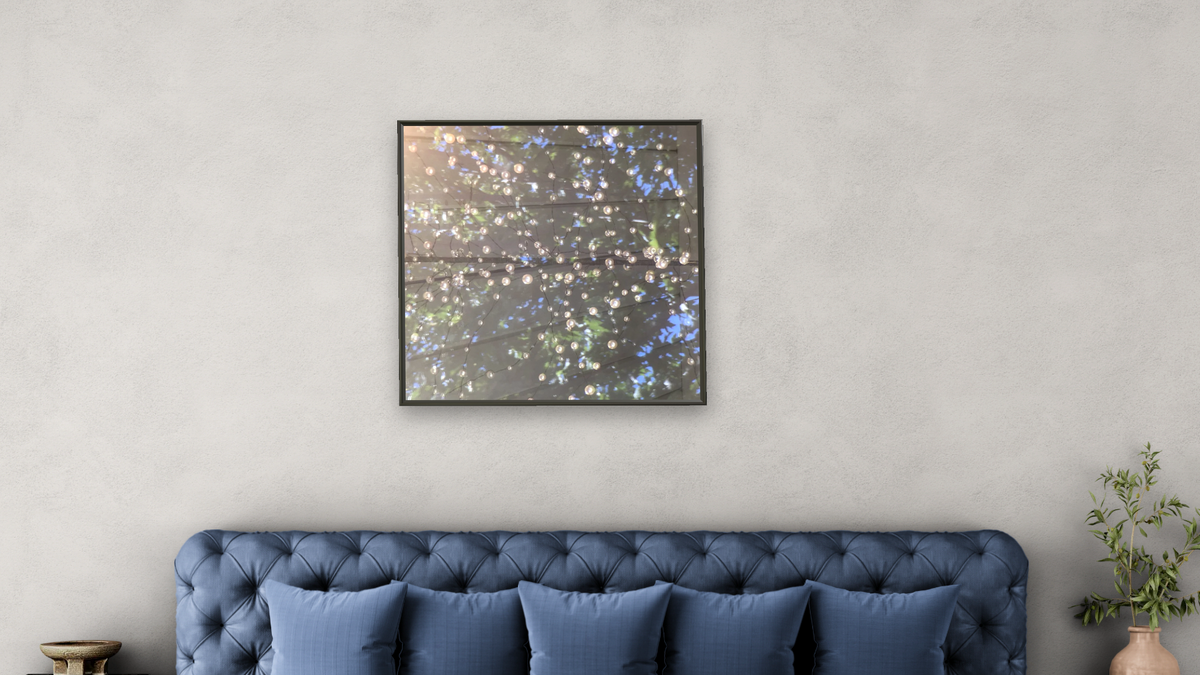 The Luminous Entwining by Judith Rayl, shown at 32 × 32 in (81.3 × 81.3 cm) on canvas in Ramino Satin Black, bedroom