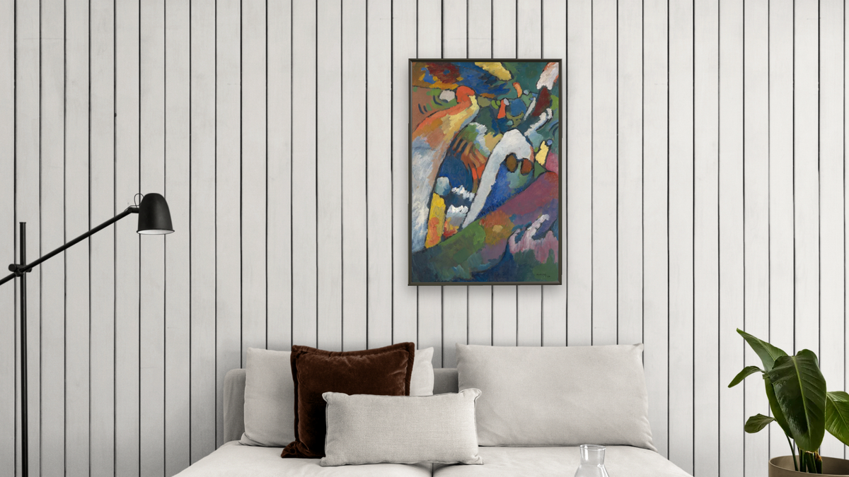 Improvisation No. 7 (Storm) by Wassily Kandinsky, shown at 28 × 42 in (71.1 × 106.7 cm) on canvas in Ramino Satin Black, living