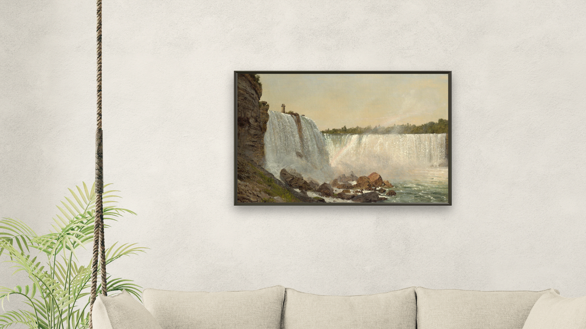 Niagara Falls, 1856 by Frederic Edwin Church, shown at 28 × 42 in (71.1 × 106.7 cm) on canvas in Ramino Satin Black, living
