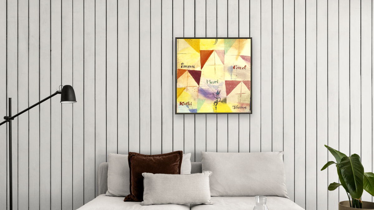 The Bavarian Don Giovanni (Der bayrische Don Giovanni) by Paul Klee, shown at 32 × 32 in (81.3 × 81.3 cm) on canvas in Ramino Satin Black, living