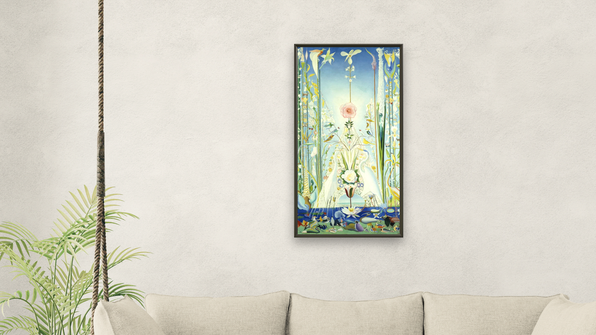 Apotheosis of the Rose by Joseph Stella, shown at 20 × 40 in (50.8 × 101.6 cm) on canvas in Ramino Satin Black, living