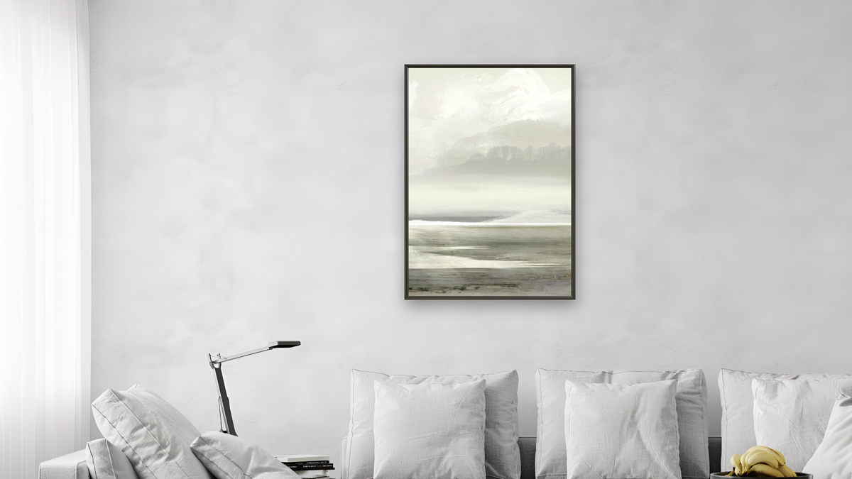 Lakes 2 by Dan Hobday, shown at 28 × 42 in (71.1 × 106.7 cm) on canvas in Ramino Satin Black, living