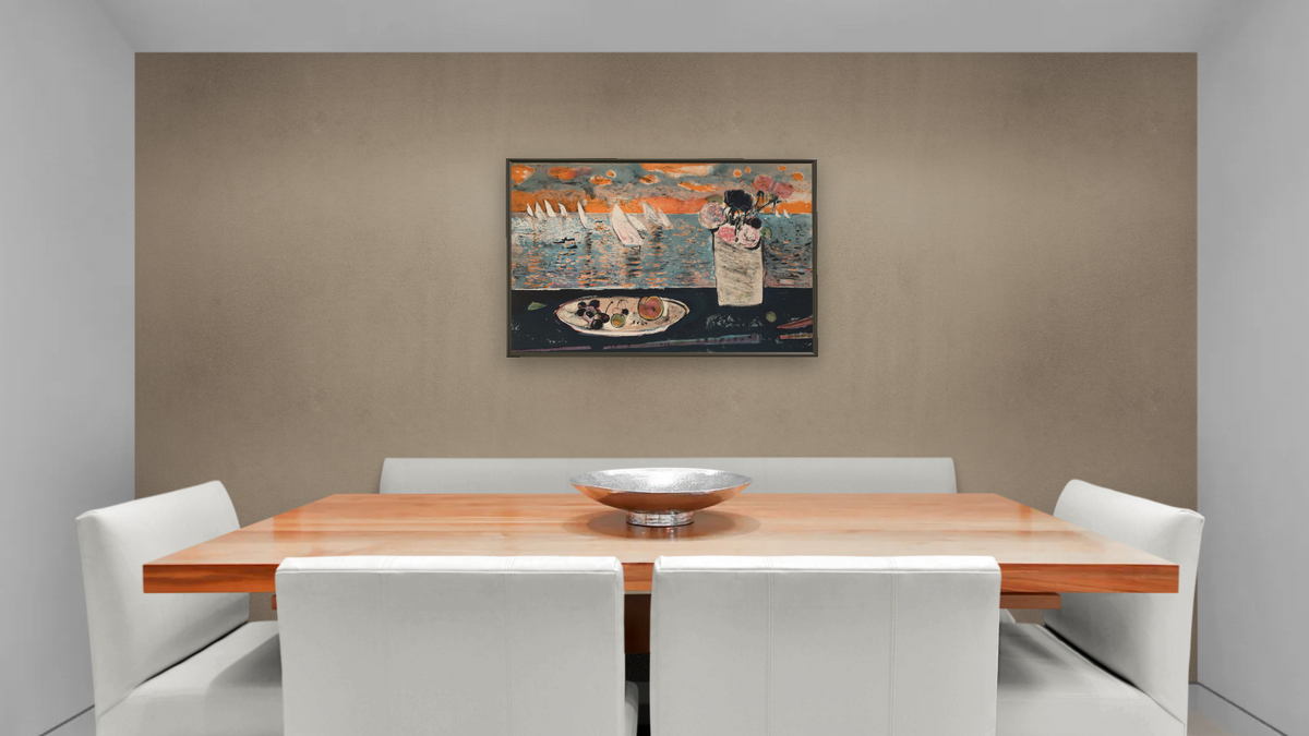 Voiles et Roses by René Genis, shown at 28 × 42 in (71.1 × 106.7 cm) on canvas in Ramino Satin Black, dining
