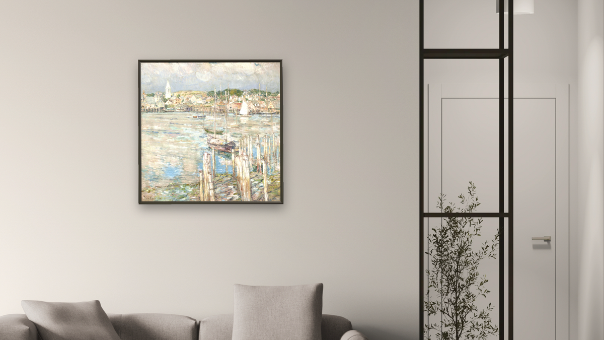 Gloucester by Childe Hassam, shown at 32 × 32 in (81.3 × 81.3 cm) on canvas in Ramino Satin Black, living