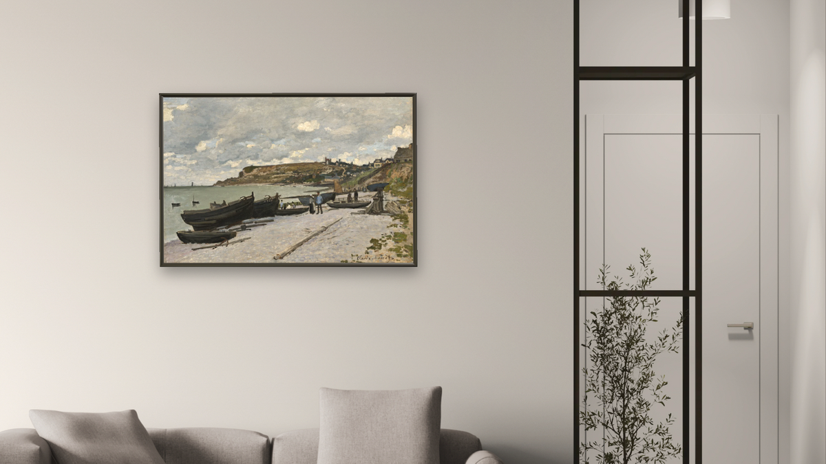 Sainte-Adresse by Claude Monet, shown at 28 × 42 in (71.1 × 106.7 cm) on canvas in Ramino Satin Black, living