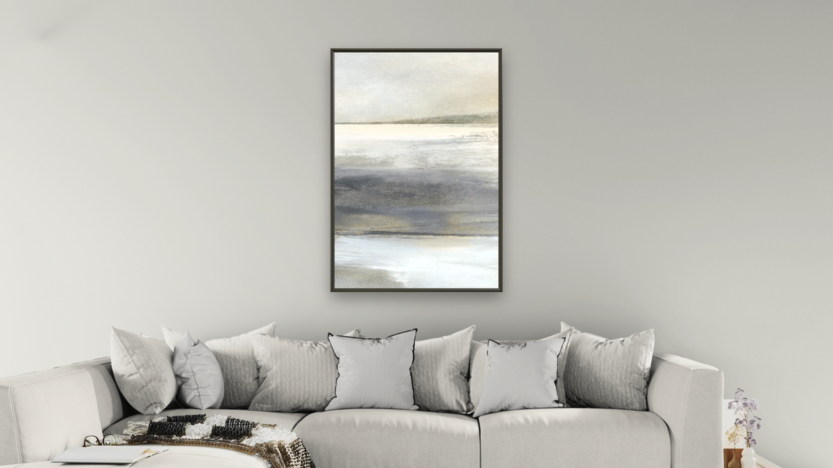 Land 1 by Dan Hobday, shown at 28 × 42 in (71.1 × 106.7 cm) on canvas in Ramino Satin Black, living