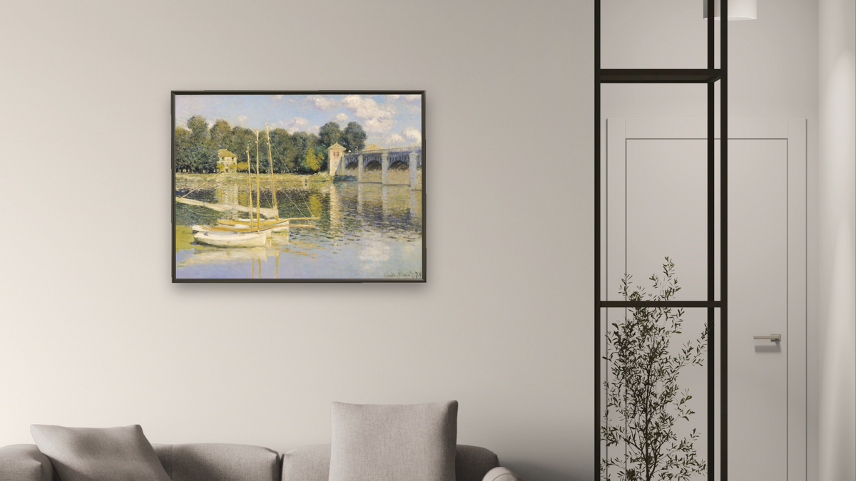 The Bridge at Argenteuil by Claude Monet, shown at 30 × 40 in (76.2 × 101.6 cm) on canvas in Ramino Satin Black, living