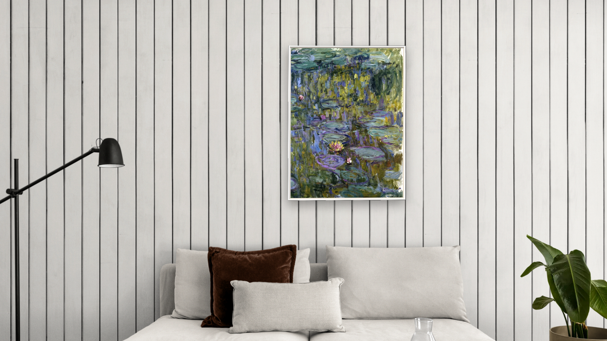 Water Lilies by Claude Monet, shown at 30 × 40 in (76.2 × 101.6 cm) on canvas in Ramino Satin Black, living