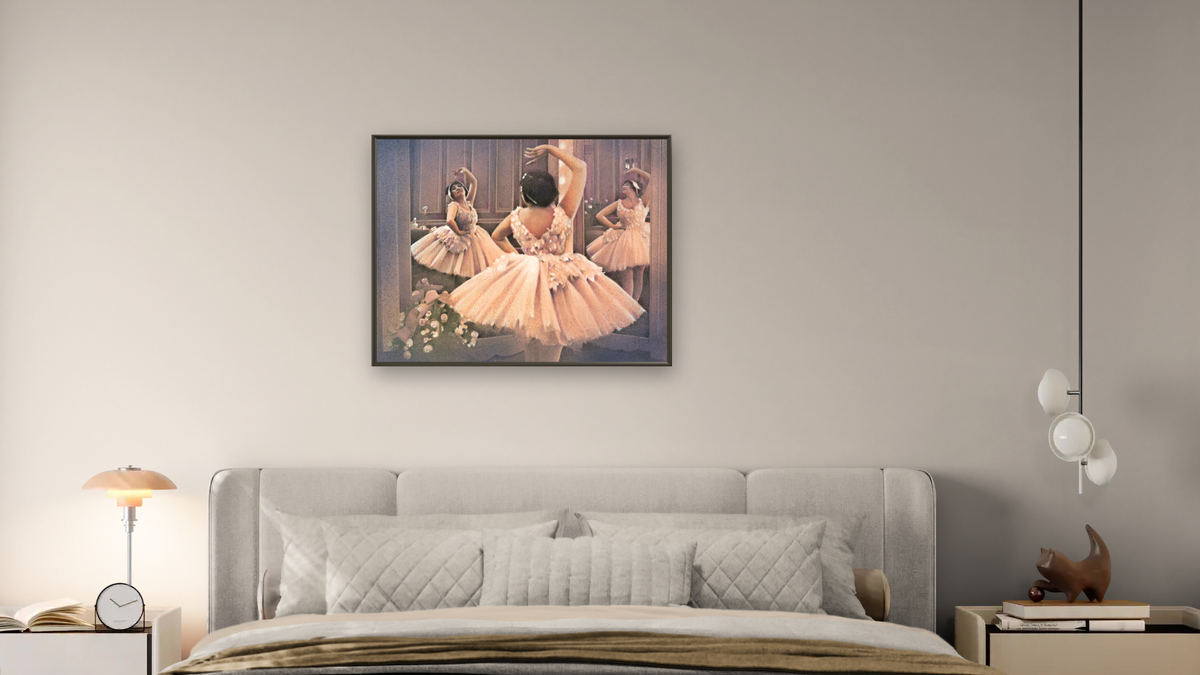 Mirrored Dancer by Kirsten Söderlind, shown at 32 × 40 in (81.3 × 101.6 cm) on canvas in Ramino Satin Black, bedroom