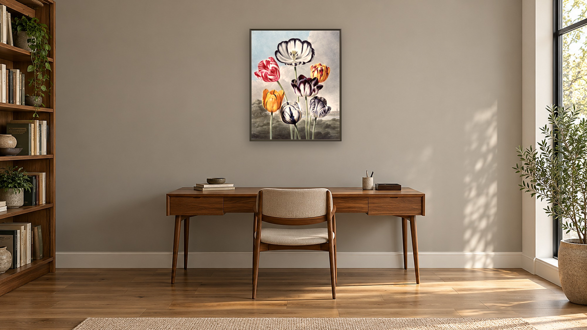 Tulips by Robert John Thornton, shown at 32 × 40 in (81.3 × 101.6 cm) on canvas in Ramino Satin Black, library