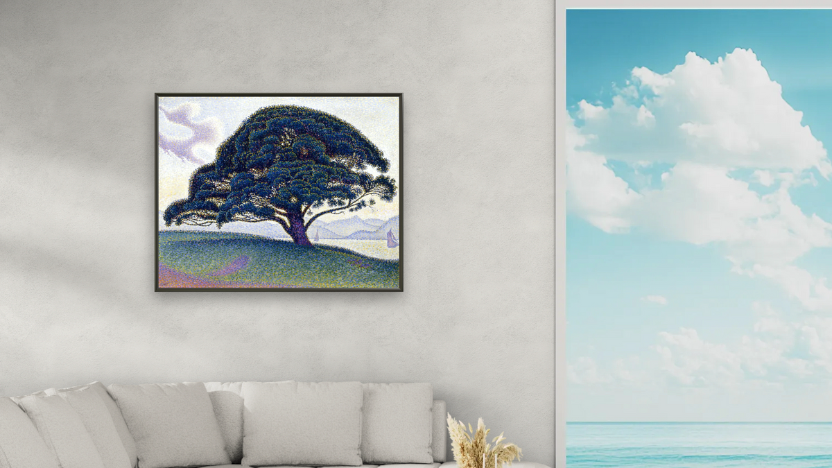 The Bonaventure Pine by Paul Signac, shown at 32 × 40 in (81.3 × 101.6 cm) on canvas in Ramino Satin Black, living