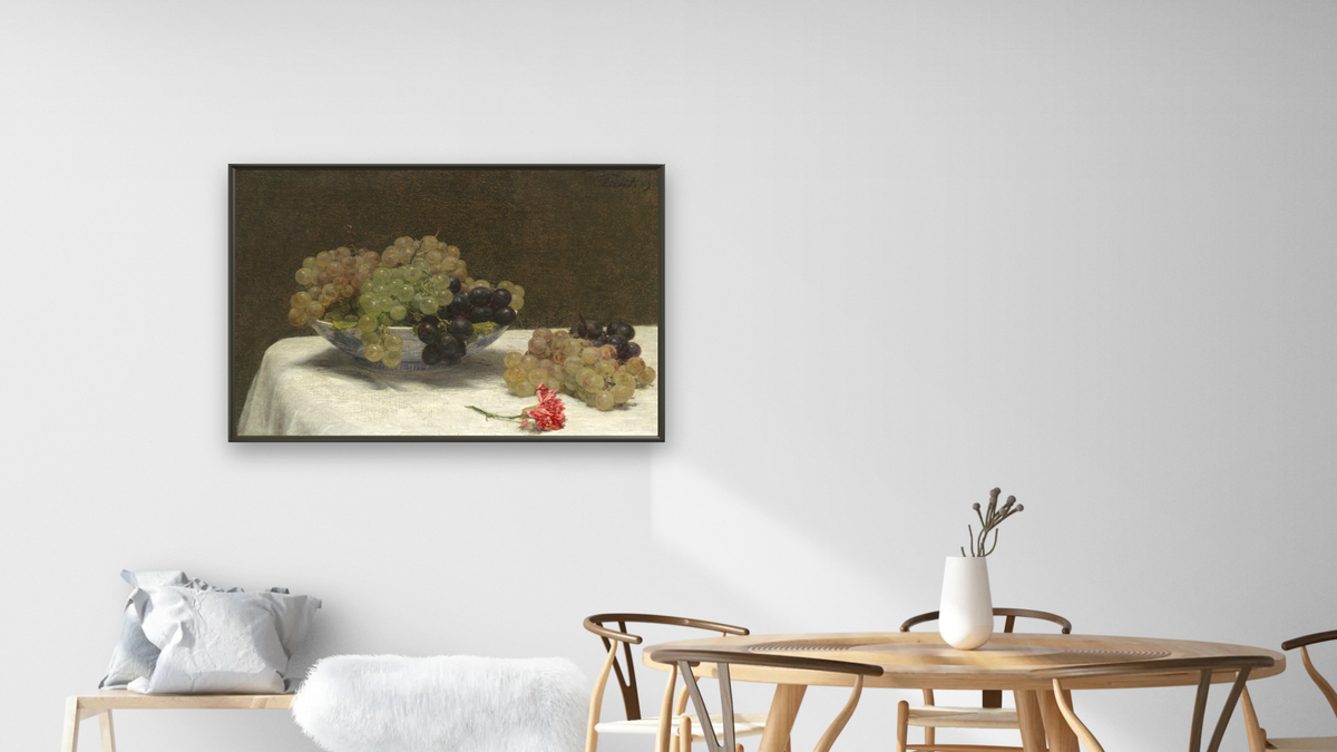 Still Life with Grapes and a Carnation by Henri Fantin-Latour, shown at 28 × 42 in (71.1 × 106.7 cm) on canvas in Ramino Satin Black, dining