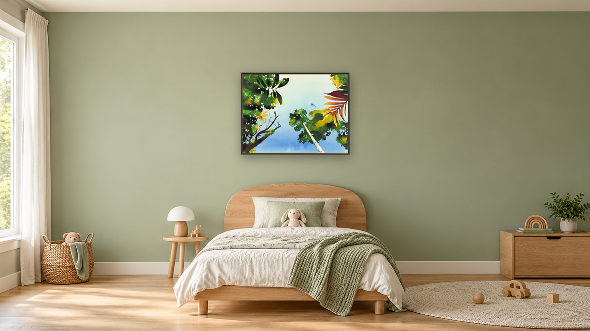 Clearing by Alexis Rockman, shown at 30 × 40 in (76.2 × 101.6 cm) on canvas in Ramino Satin Black, kids' room