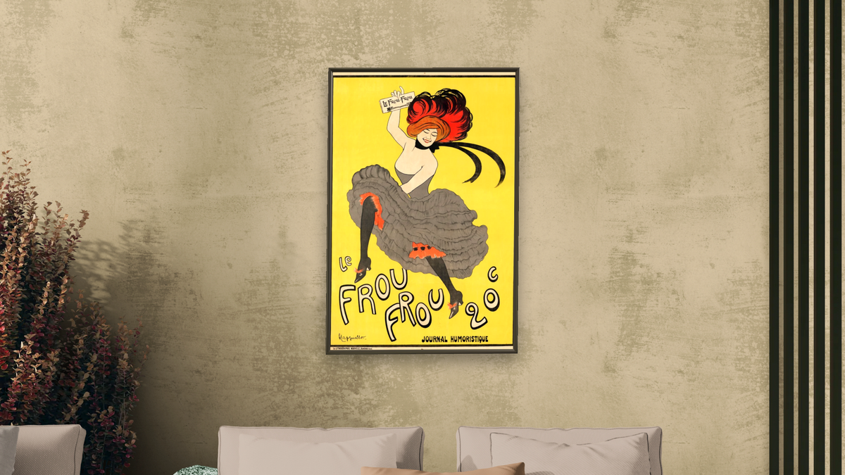 Le Frou Frou by Leonetto Cappiello, shown at 28 × 42 in (71.1 × 106.7 cm) on canvas in Ramino Satin Black, living