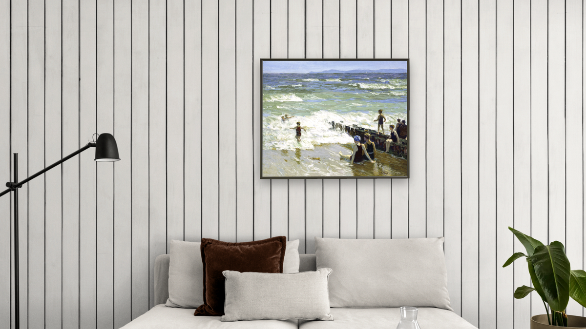 Bathers at Breakwater by Edward Henry Potthast, shown at 32 × 40 in (81.3 × 101.6 cm) on canvas in Ramino Satin Black, living