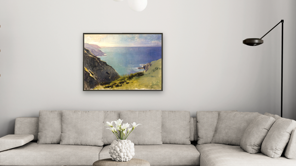 Cornish Headlands by Abbott Handerson Thayer, shown at 30 × 40 in (76.2 × 101.6 cm) on canvas in Ramino Satin Black, living