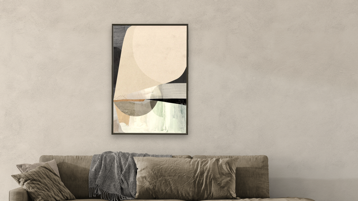 Conversation by Dan Hobday, shown at 28 × 42 in (71.1 × 106.7 cm) on canvas in Ramino Satin Black, living