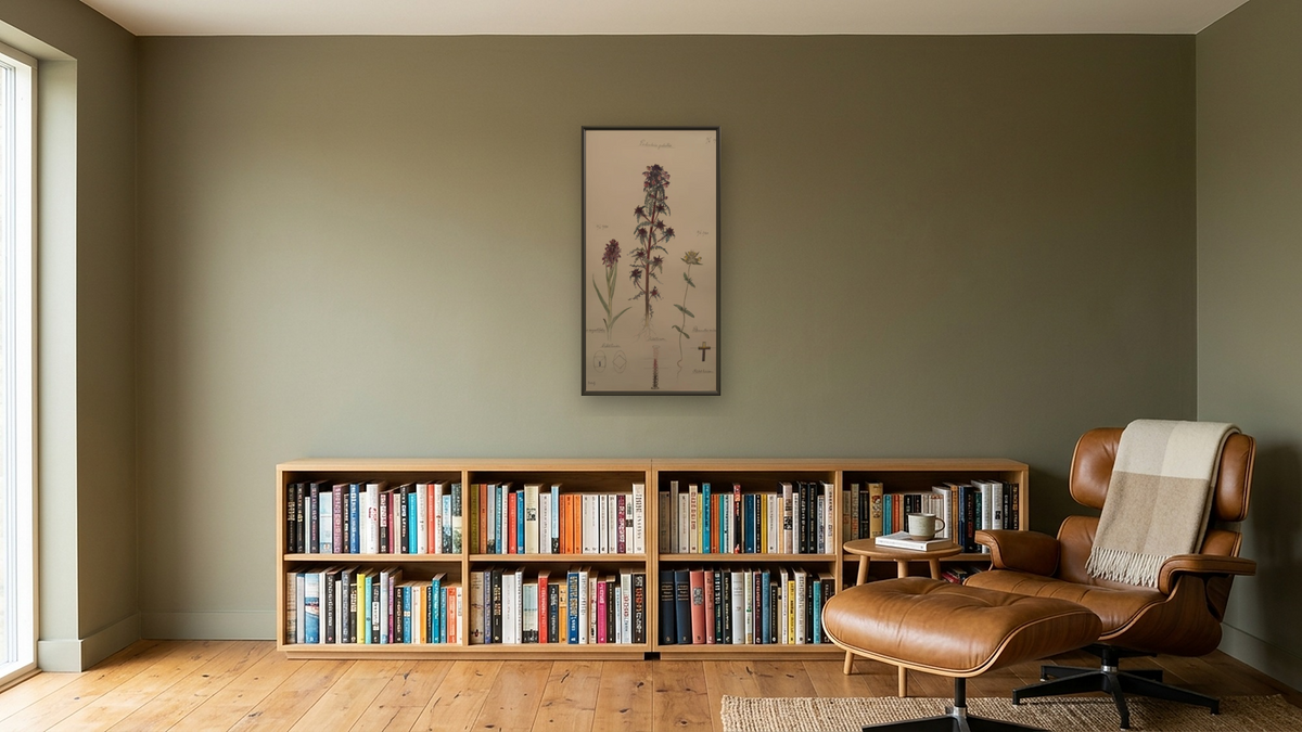 Early Marsh-Orchid, European purple lousewort, and Little Yellow rattle by Hilma af Klint, shown at 20 × 40 in (50.8 × 101.6 cm) on canvas in Ramino Satin Black, library