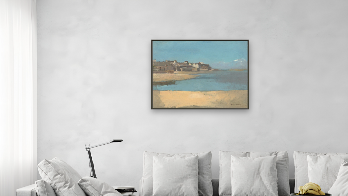 Village by the Sea in Brittany by Odilon Redon, shown at 30 × 40 in (76.2 × 101.6 cm) on canvas in Ramino Satin Black, living