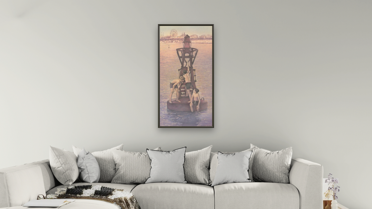 Now and Then: Franklin Library by Kirsten Söderlind, shown at 20 × 40 in (50.8 × 101.6 cm) on canvas in Ramino Satin Black, living