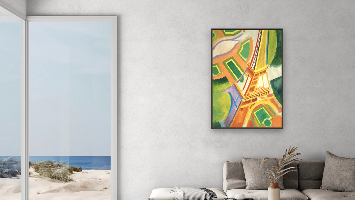 Eiffel Tower by Robert Delaunay, shown at 28 × 42 in (71.1 × 106.7 cm) on canvas in Ramino Satin Black, living