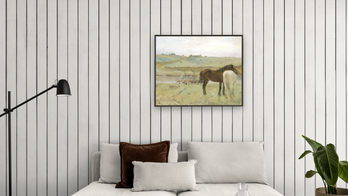Horses in a Meadow by Edgar Degas, shown at 32 × 40 in (81.3 × 101.6 cm) on canvas in Ramino Satin Black, living