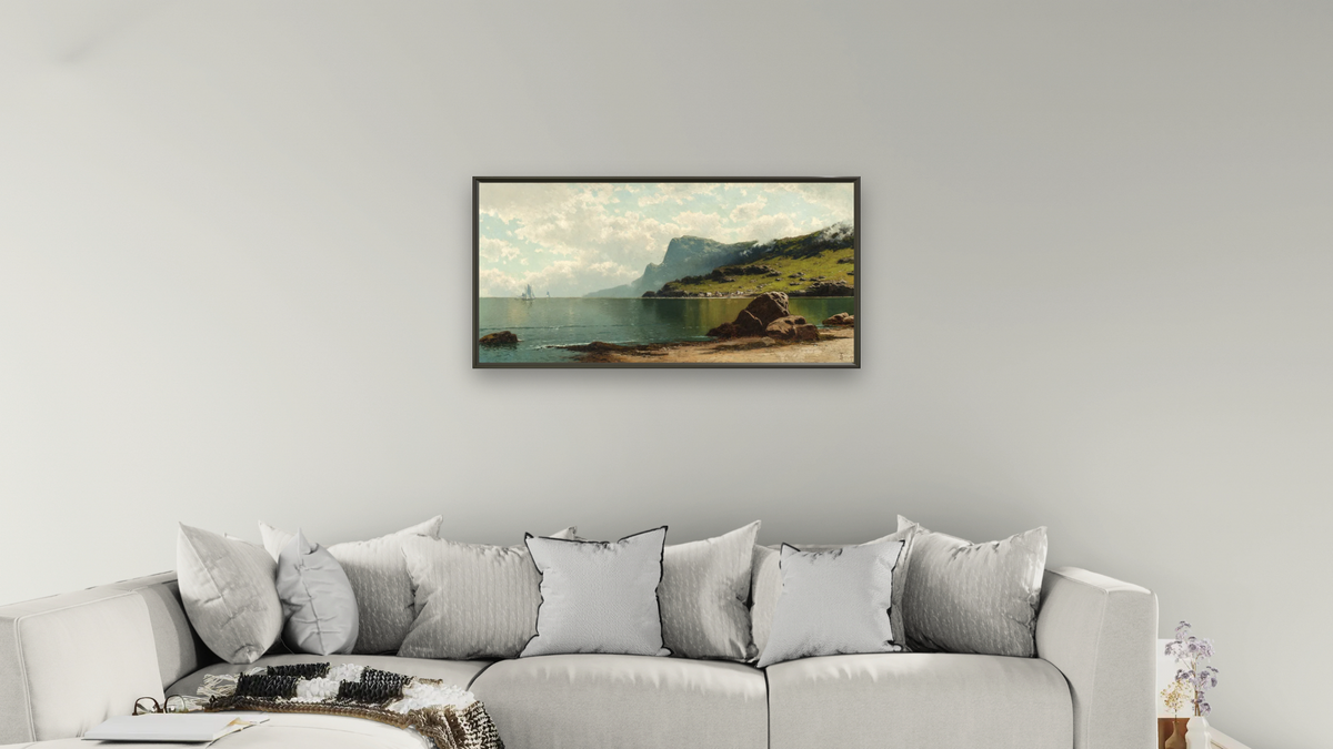 Seascape by Alfred Thompson Bricher, shown at 20 × 40 in (50.8 × 101.6 cm) on canvas in Ramino Satin Black, living