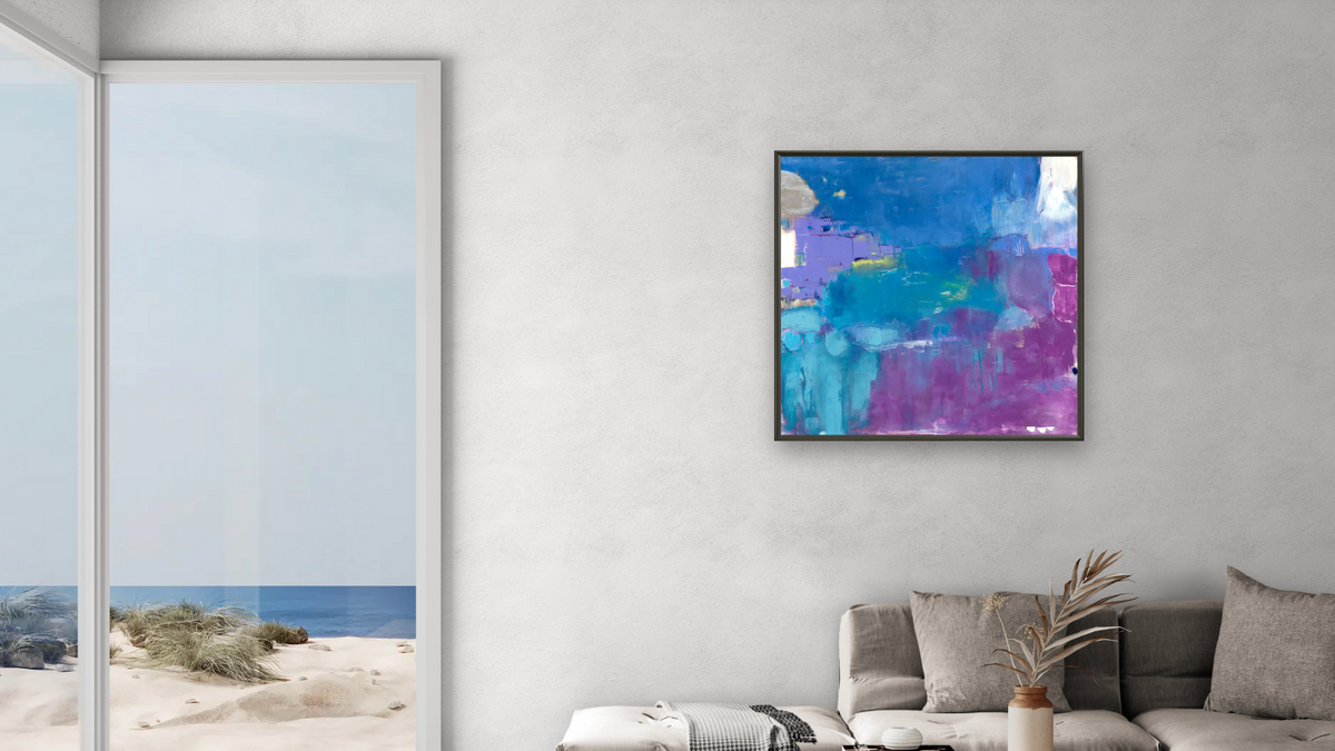 Purple River by Louise Gaskill, shown at 32 × 32 in (81.3 × 81.3 cm) on canvas in Ramino Satin Black, living