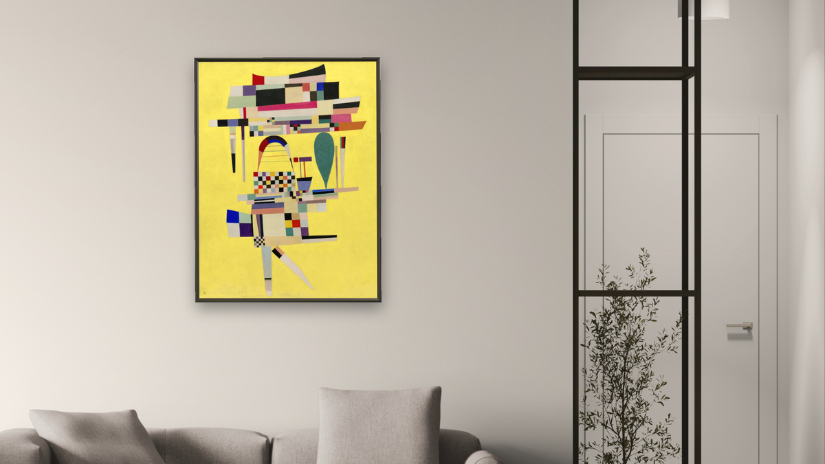 Yellow Painting, shown at 30 × 40 in (76.2 × 101.6 cm) on canvas in Ramino Satin Black, living