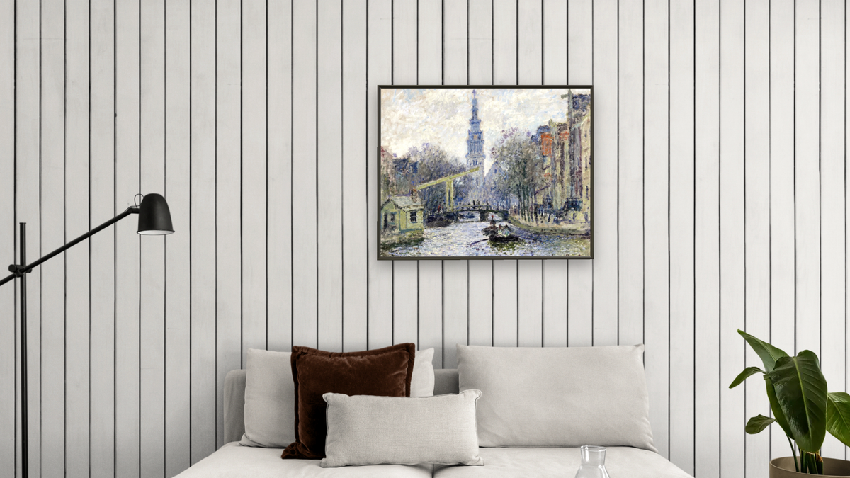 Canal, Amsterdam by Claude Monet, shown at 32 × 40 in (81.3 × 101.6 cm) on canvas in Ramino Satin Black, living