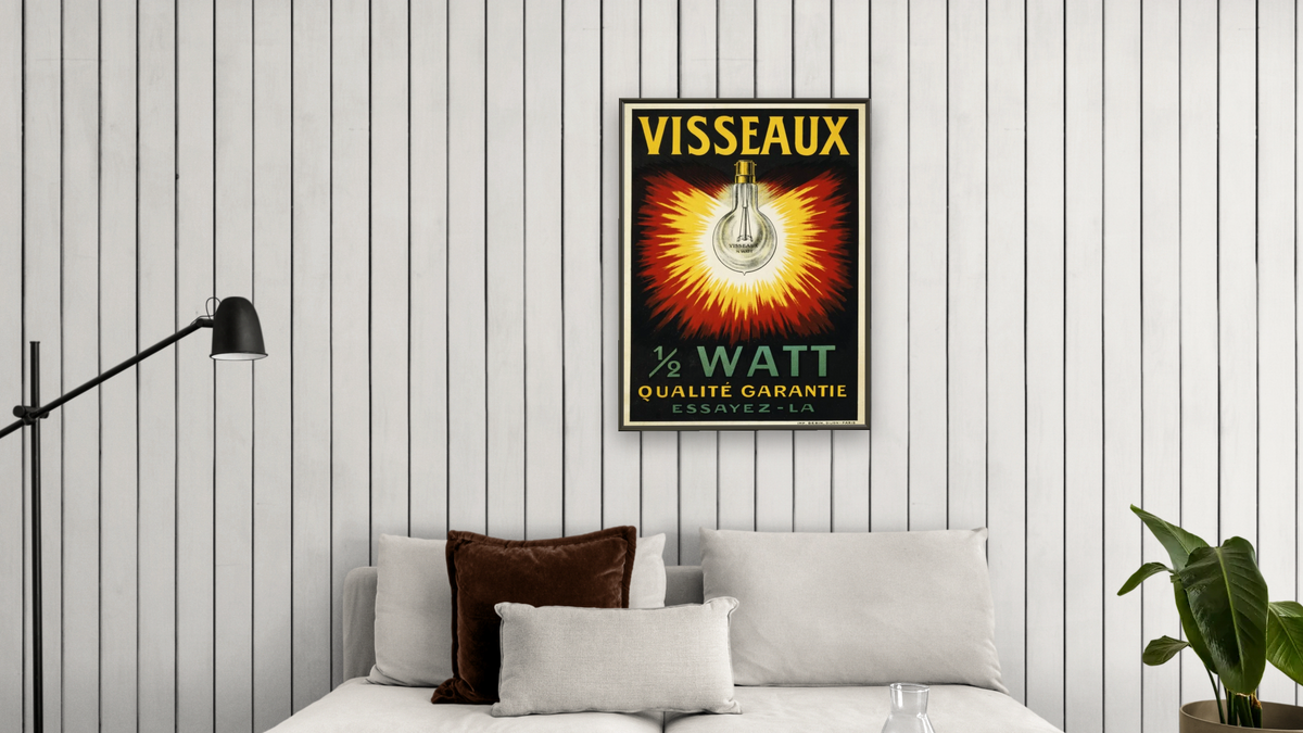 Visseaux 1/2 Watt Advertising Poster, shown at 30 × 40 in (76.2 × 101.6 cm) on canvas in Ramino Satin Black, living