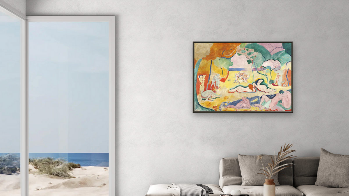 The Joy of Life (Le Bonheur de vivre) by Henri Matisse, shown at 30 × 40 in (76.2 × 101.6 cm) on canvas in Ramino Satin Black, living