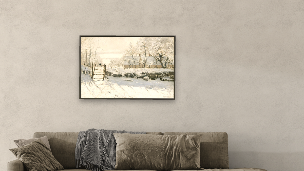 The Magpie by Claude Monet, shown at 28 × 42 in (71.1 × 106.7 cm) on canvas in Ramino Satin Black, living