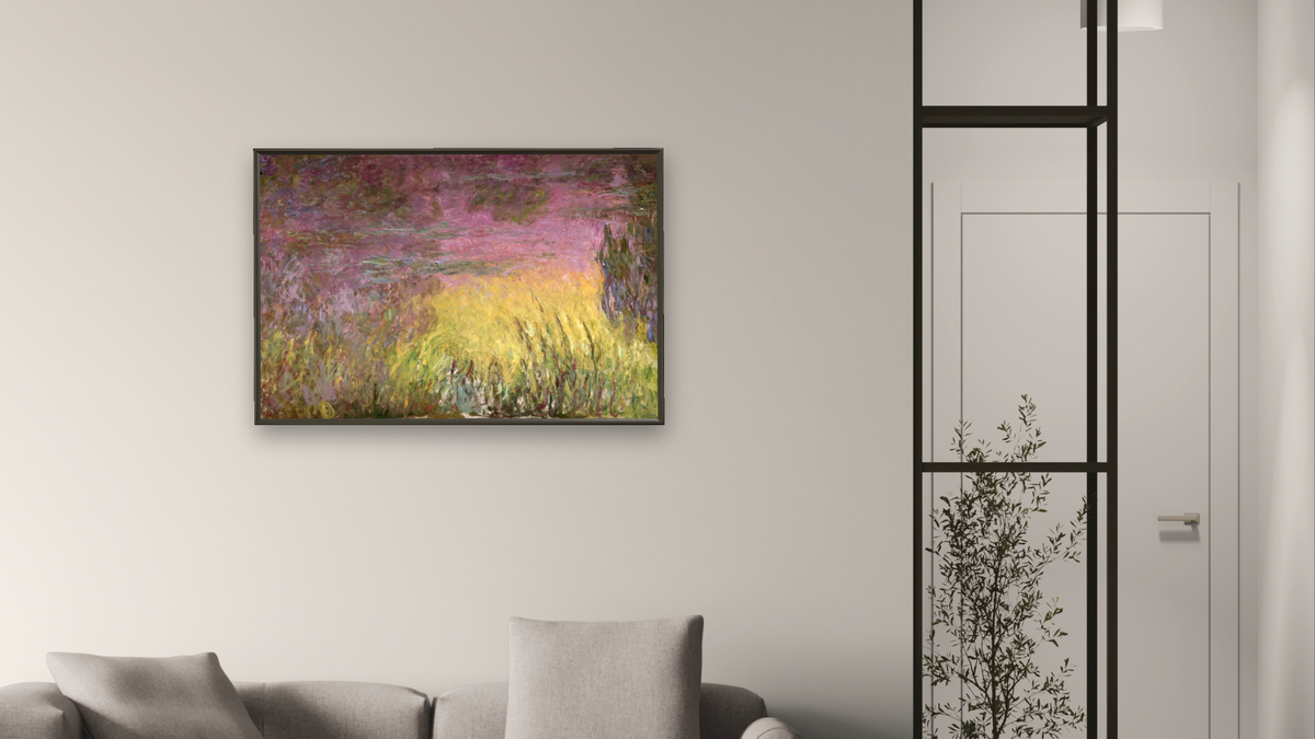 Waterlilies at Sunset, (detail of left side) by Claude Monet, shown at 28 × 42 in (71.1 × 106.7 cm) on canvas in Ramino Satin Black, living
