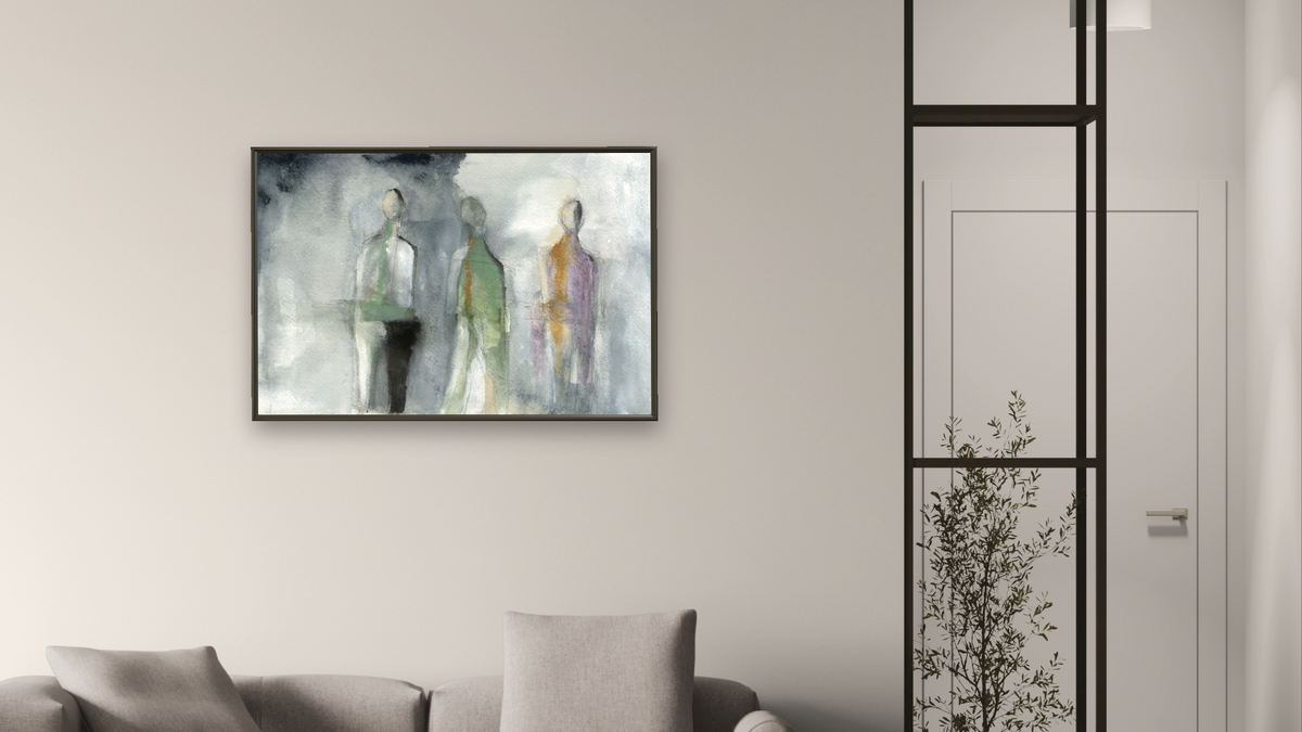 No. 307 by Michelle Oppenheimer, shown at 28 × 42 in (71.1 × 106.7 cm) on canvas in Ramino Satin Black, living