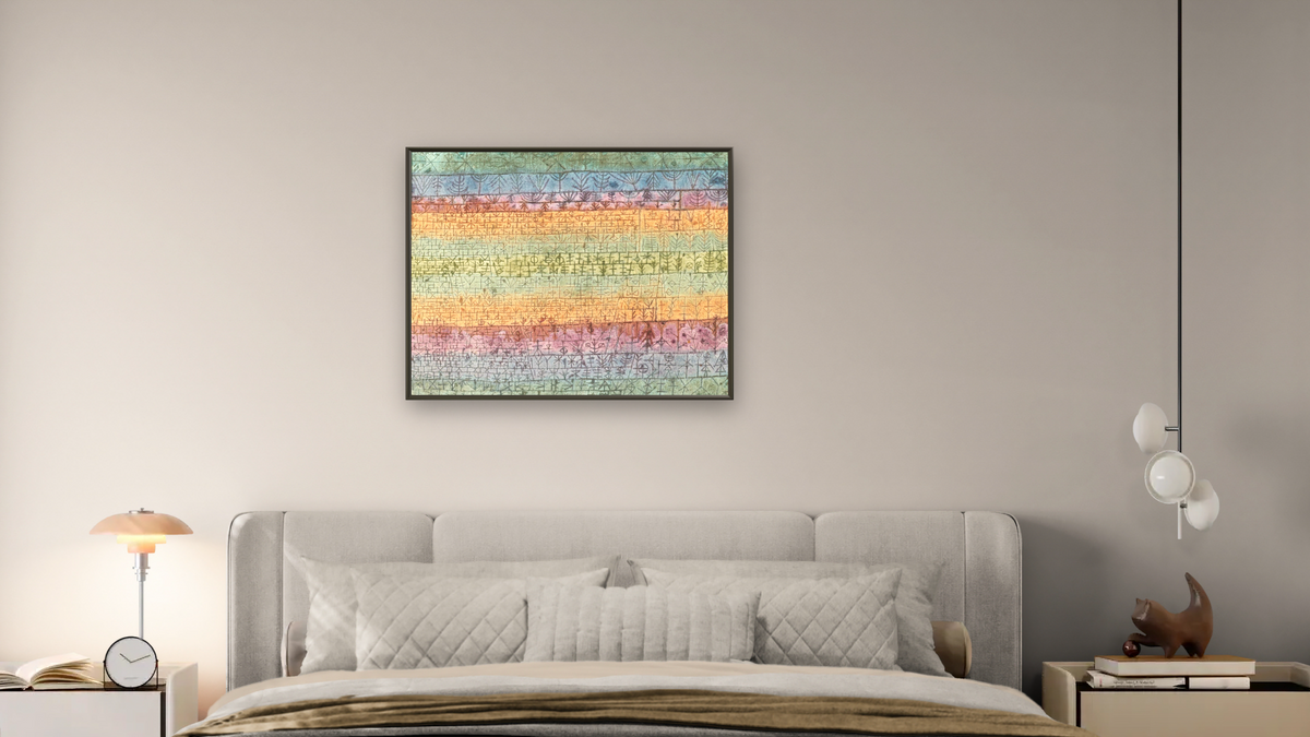 Tree Nursery by Paul Klee, shown at 32 × 40 in (81.3 × 101.6 cm) on canvas in Ramino Satin Black, bedroom