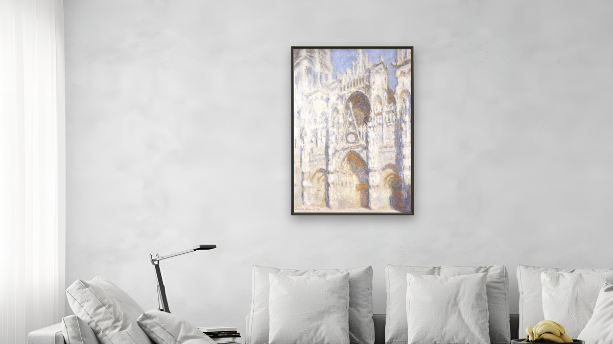 Rouen Cathedral In the Afternoon (The Gate In Full Sun) by Claude Monet, shown at 28 × 42 in (71.1 × 106.7 cm) on canvas in Ramino Satin Black, living