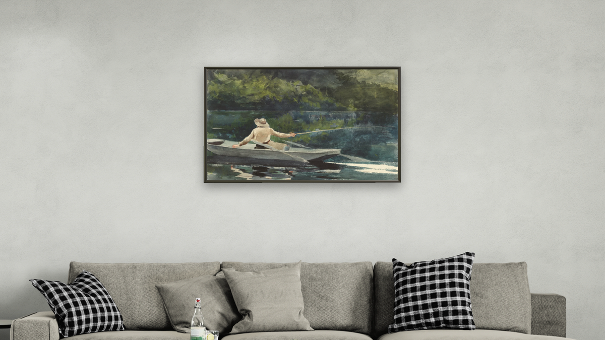 Casting, Number Two by Winslow Homer, shown at 28 × 42 in (71.1 × 106.7 cm) on canvas in Ramino Satin Black, living