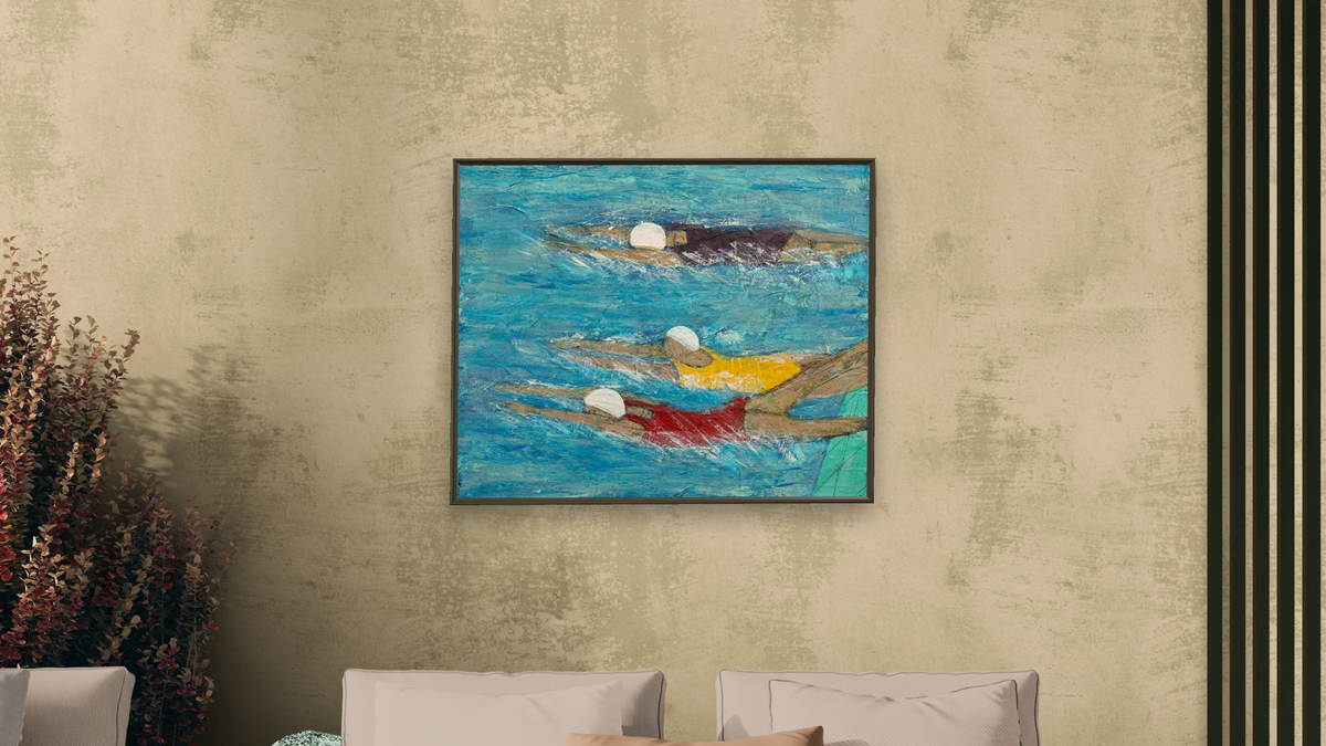 Striking the Surface by Dobee Snowber, shown at 32 × 40 in (81.3 × 101.6 cm) on canvas in Ramino Satin Black, living