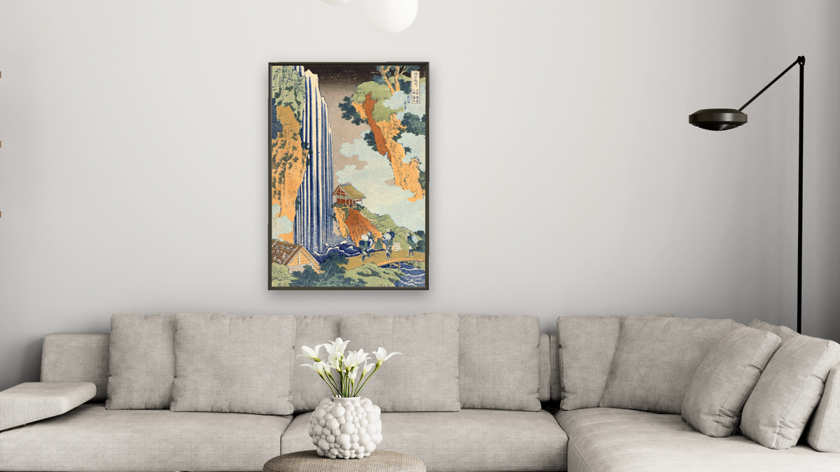 Ono Waterfall, the Kiso Highway by Katsushika Hokusai, shown at 28 × 42 in (71.1 × 106.7 cm) on canvas in Ramino Satin Black, living